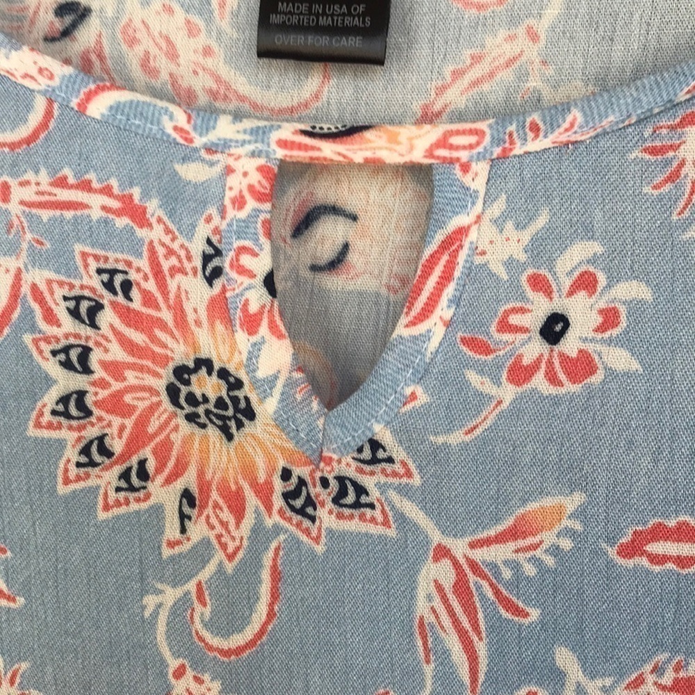 Peck & Peck Floral Print Bell Sleeve Blouse Blue Coral Rayon Boho Top S - Picture 4 of 8